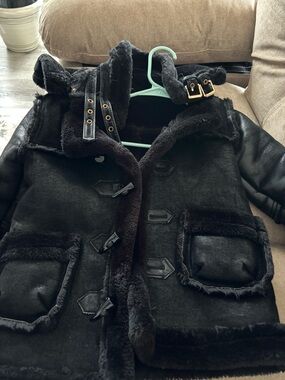 Kids Black Faux Shearling Coat with Hood